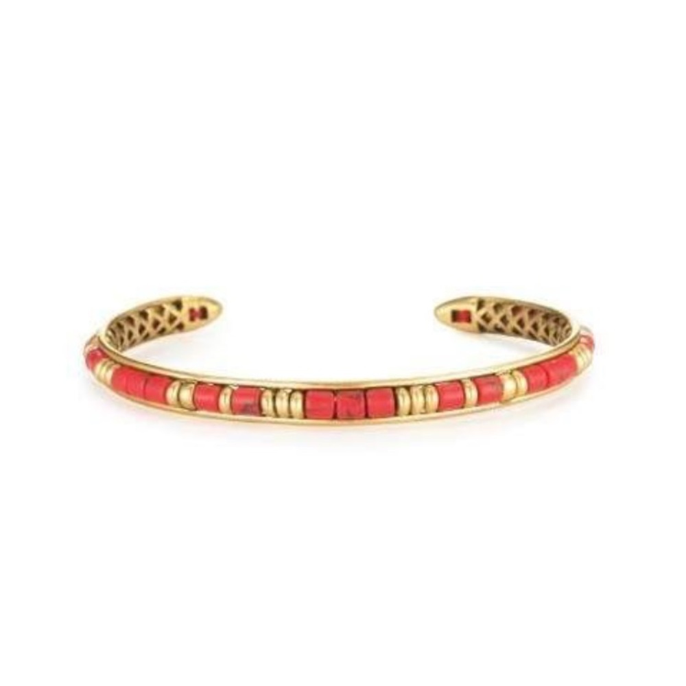 Stella & Dot Gold and Coral Open Beaded Cuff Bracelet